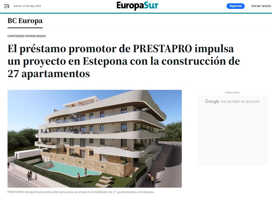 Europa Sur — El préstamo promotor de PrestaPro impulsa un proyecto en Estepona con 27 apartamentos