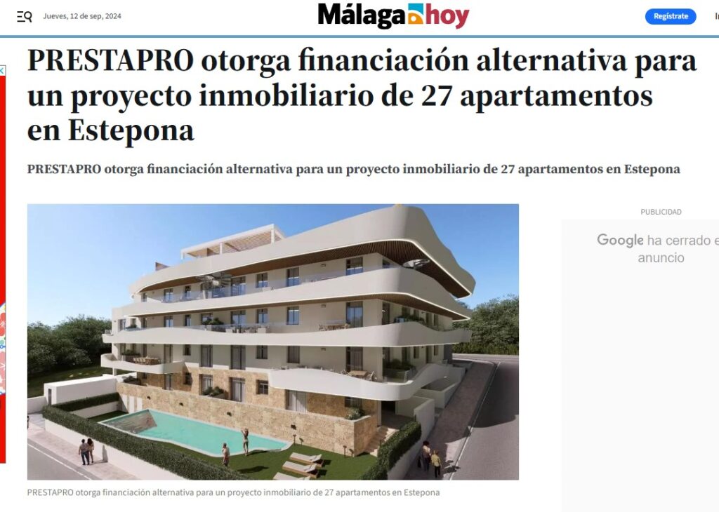 Málaga Hoy — PrestaPro otorga financiación alternativa para un proyecto de 27 apartamentos en Estepona