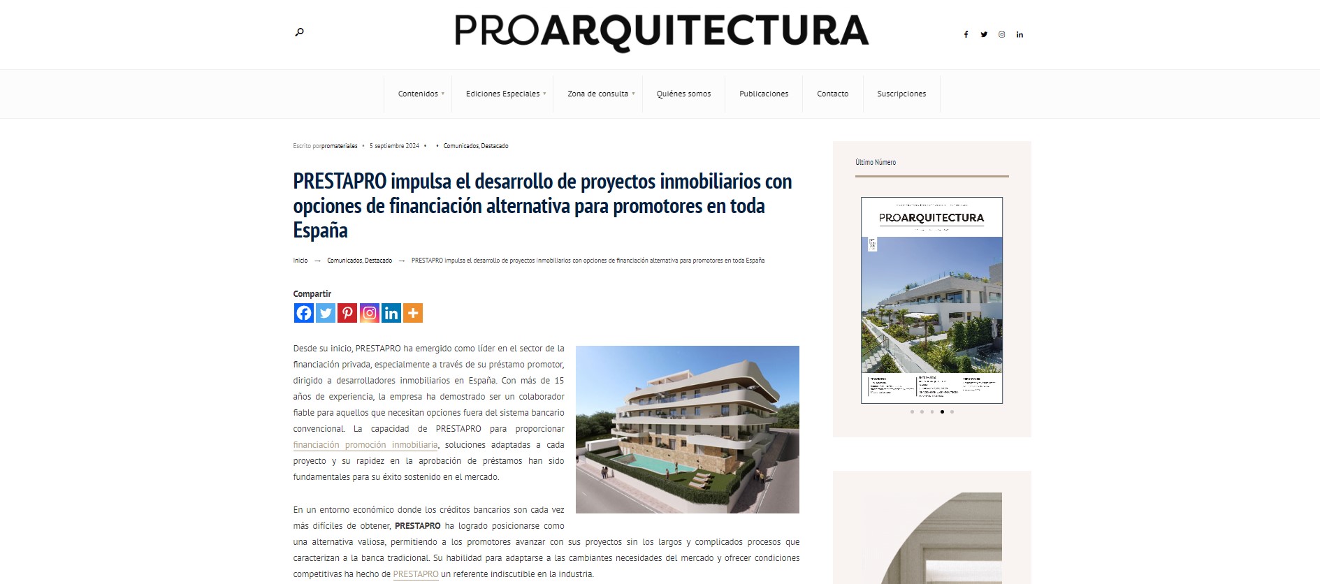 ProArquitectura — PrestaPro impulsa el desarrollo de proyectos inmobiliarios con financiación alternativa para promotores en toda España