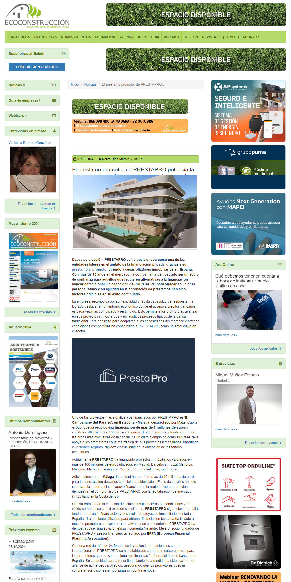 EcoConstrucción — El préstamo promotor de PrestaPro potencia la promoción inmobiliaria con financiación alternativa en toda España