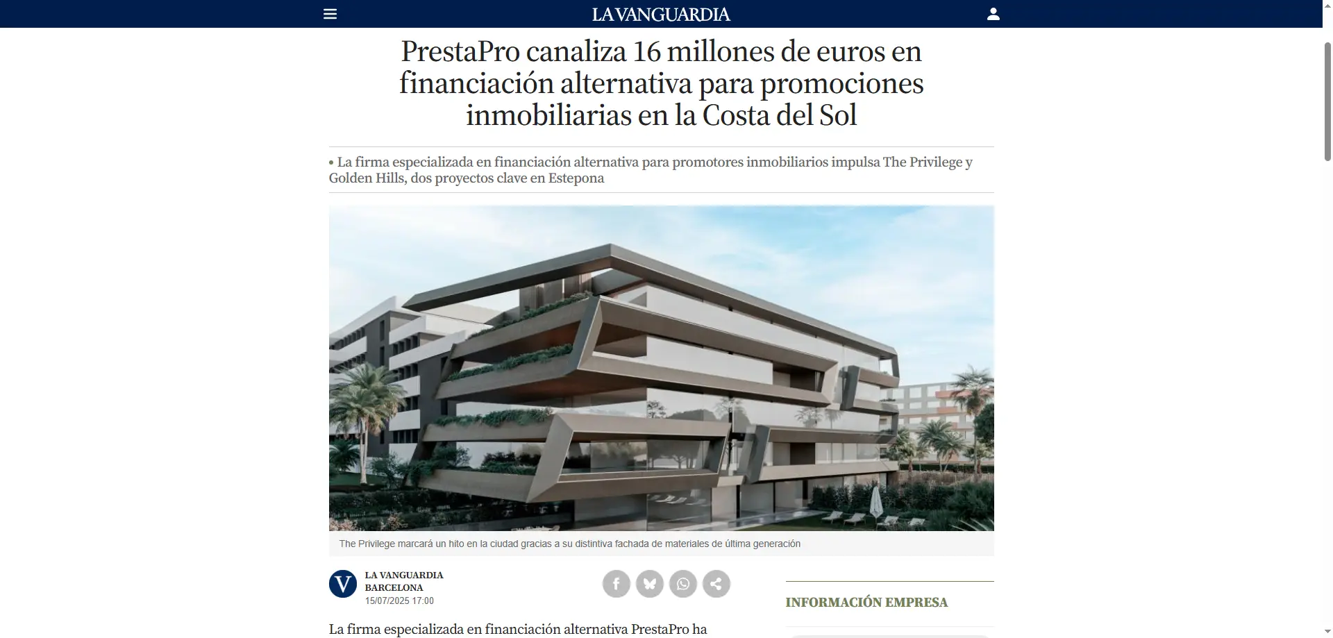 La Vanguardia — PrestaPro canaliza 16 millones de euros en financiación alternativa para promociones inmobiliarias en la Costa del Sol