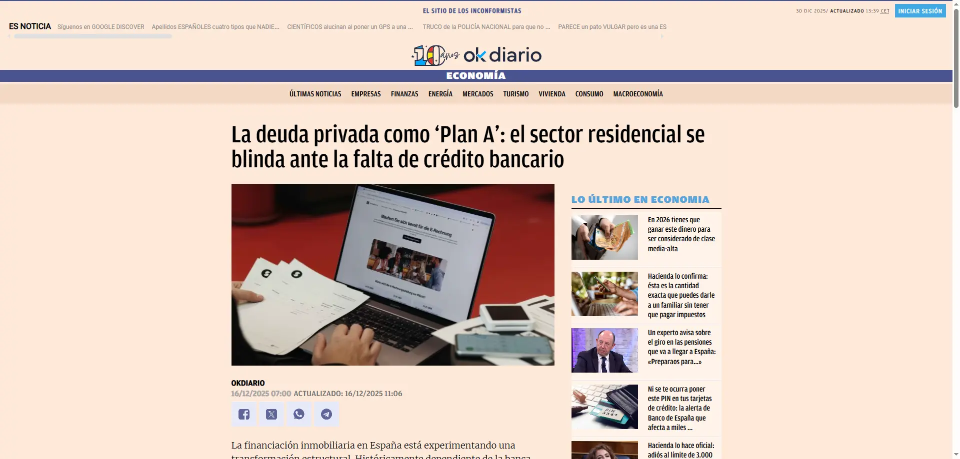 OkDiario — Deuda privada: cómo el 'plan B' del sector residencial blinda la falta de crédito bancario