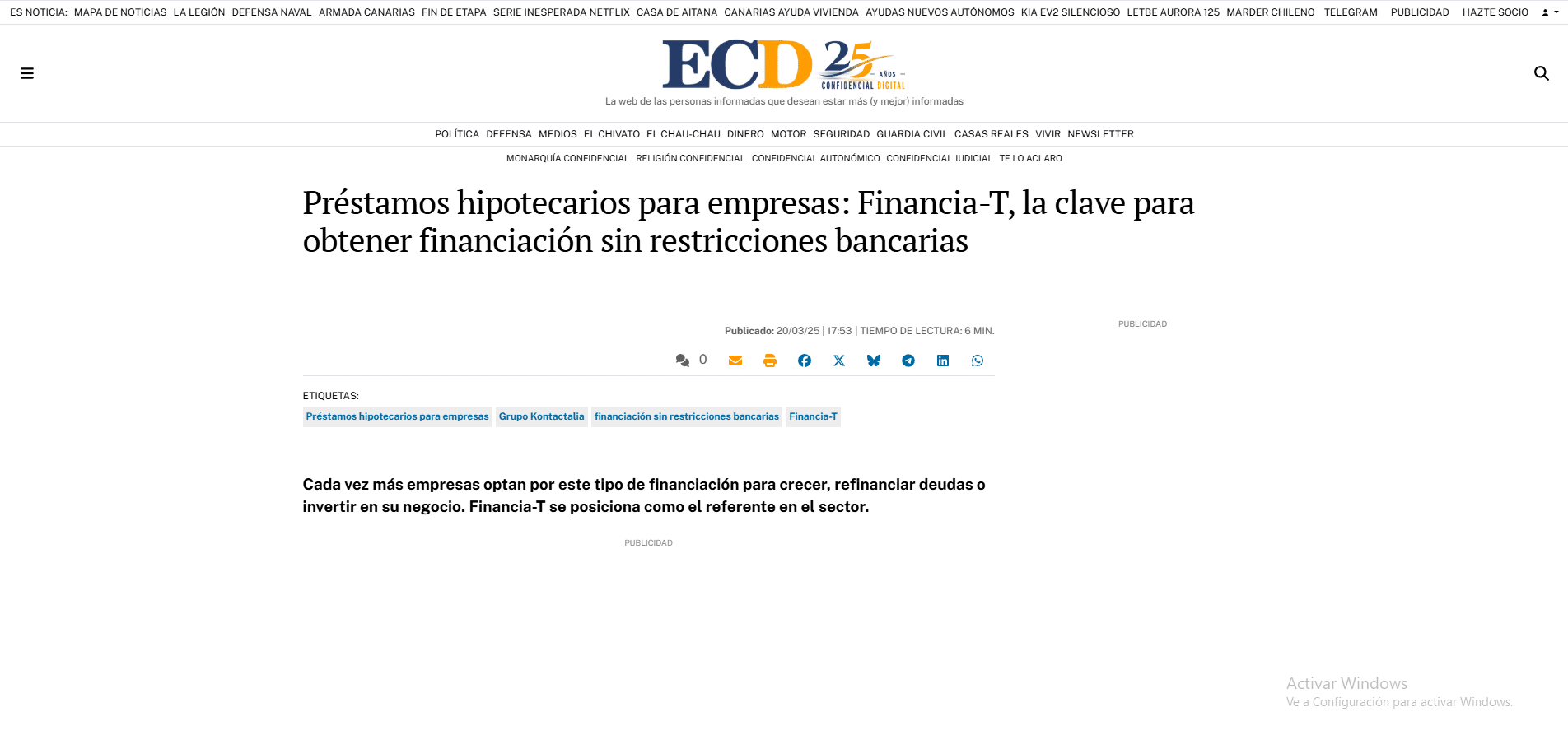 El Confidencial Digital — Préstamos hipotecarios para empresas: Financia-T, la clave para obtener financiación sin restricciones bancarias