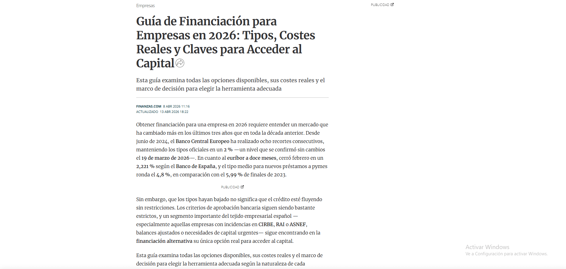 Finanzas.com — Guía de Financiación para Empresas en 2026: tipos, costes reales y claves para acceder al capital