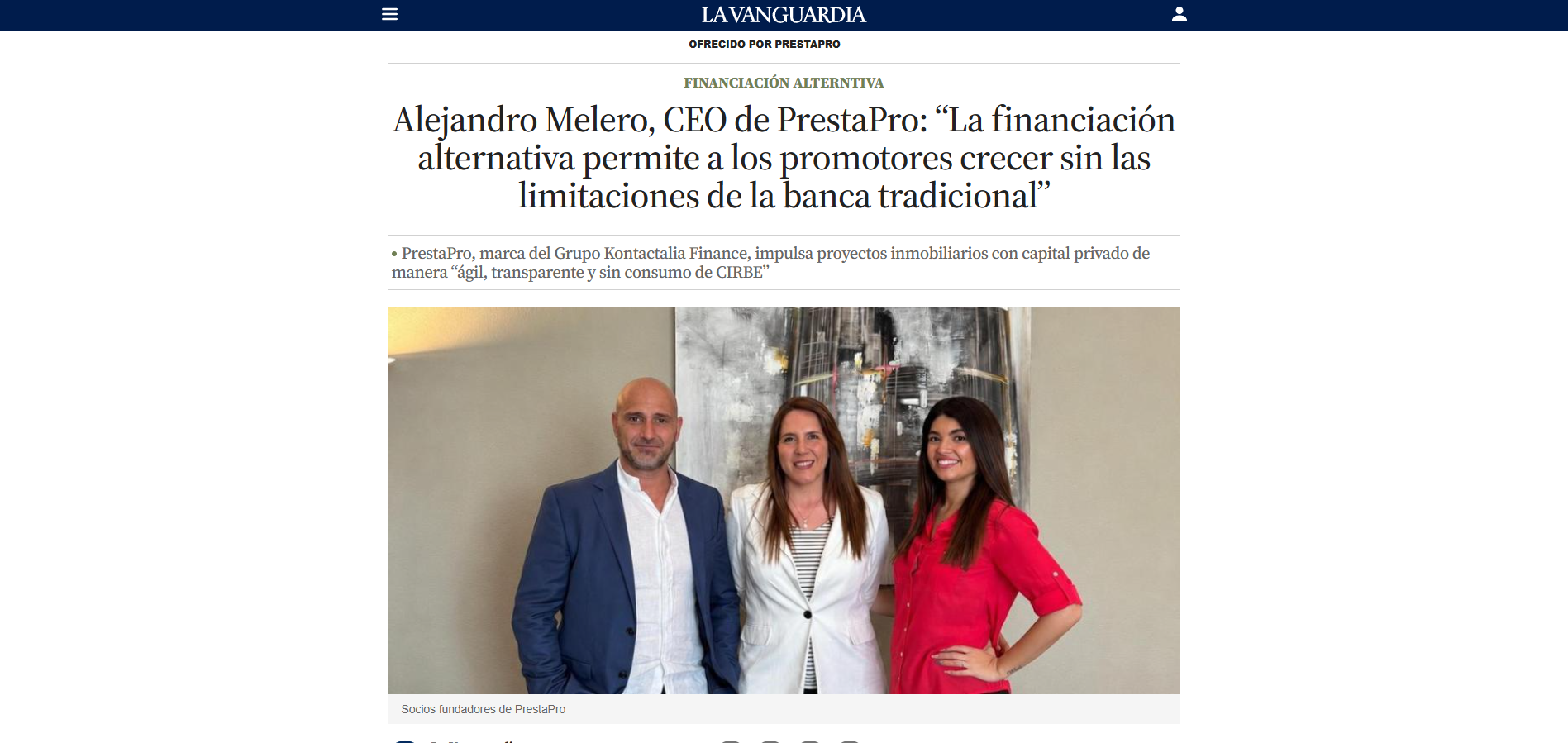 La Vanguardia — Alejandro Melero, CEO de PrestaPro: “La financiación alternativa permite a los promotores crecer sin las limitaciones de la banca tradicional”