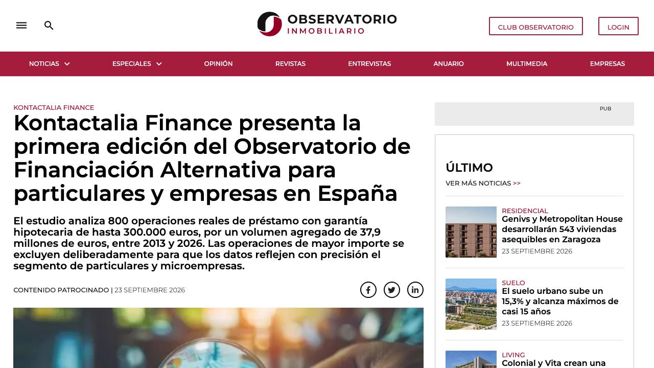 Observatorio Inmobiliario — Kontactalia Finance presenta la primera edición del Observatorio de Financiación Alternativa para particulares y empresas en España